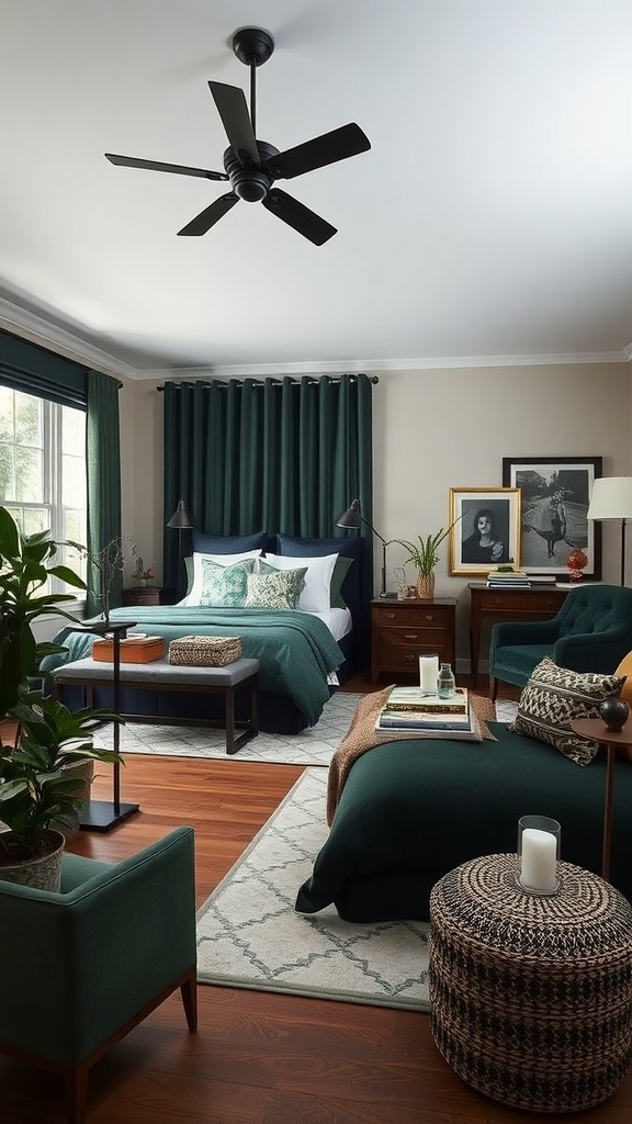 A cozy dark green bedroom featuring layered greens with plants and warm wood accents.