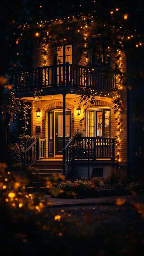 A warmly lit small apartment exterior with decorative lights