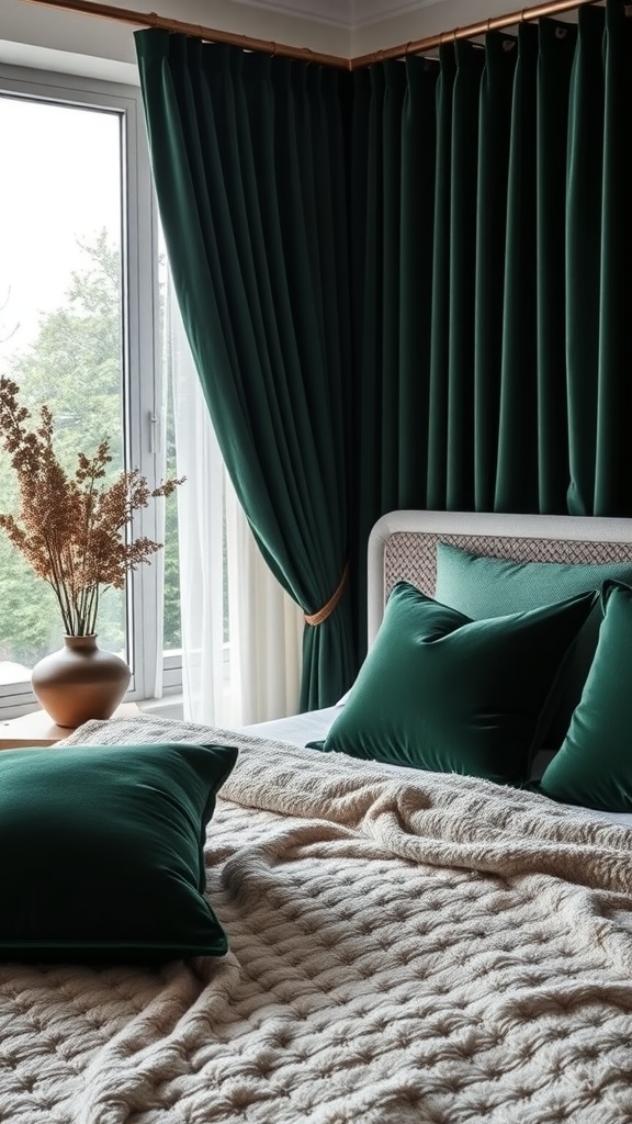 A cozy dark green bedroom featuring velvet curtains and pillows.