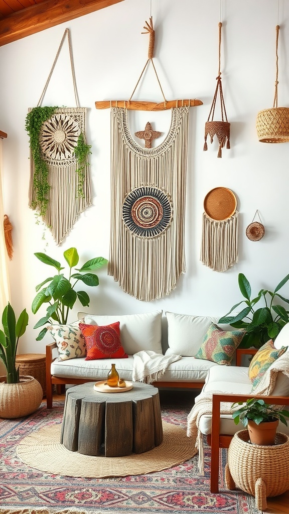 A vintage boho living room featuring macrame wall hangings and cozy furniture.