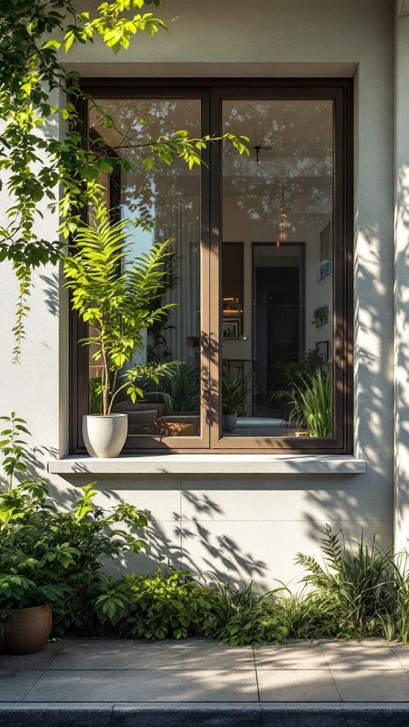 Exterior view of a small apartment with large windows and greenery