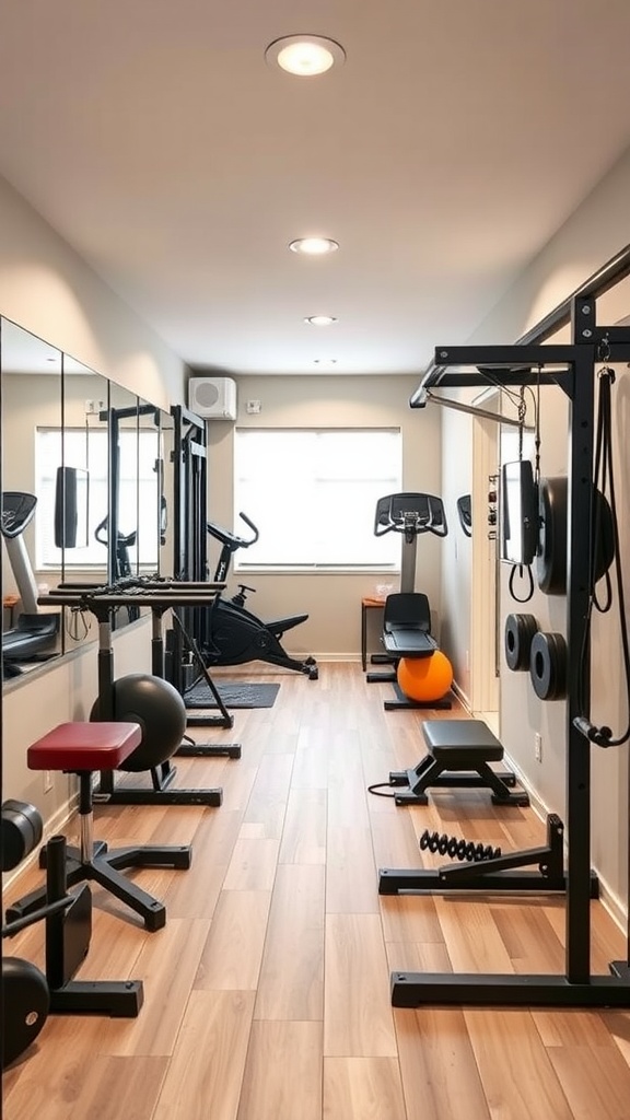 A compact home gym layout showcasing various fitness equipment and mirrors.