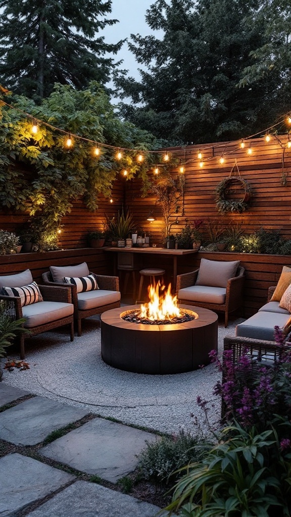 A cozy outdoor space featuring a circular fire pit, seating, and string lights.