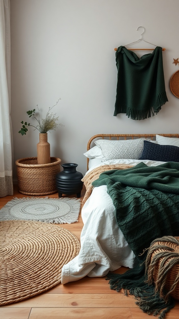 A cozy dark green bedroom with layered textures, featuring a green blanket on a bed, woven baskets, and a jute rug.