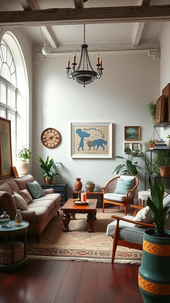 A vintage boho living room with modern touches, featuring a mix of furnishings and decor.