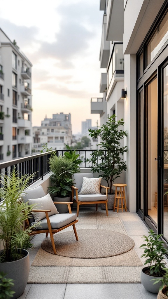 A small balcony with comfortable seating, plants, and a cozy rug.