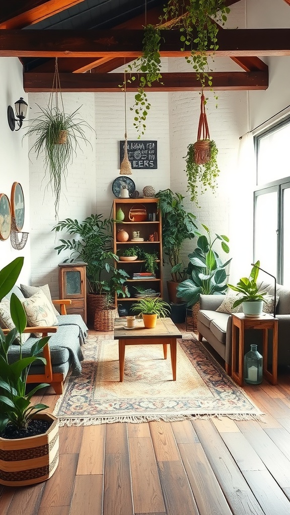 A cozy vintage boho living room filled with plants and natural decor.