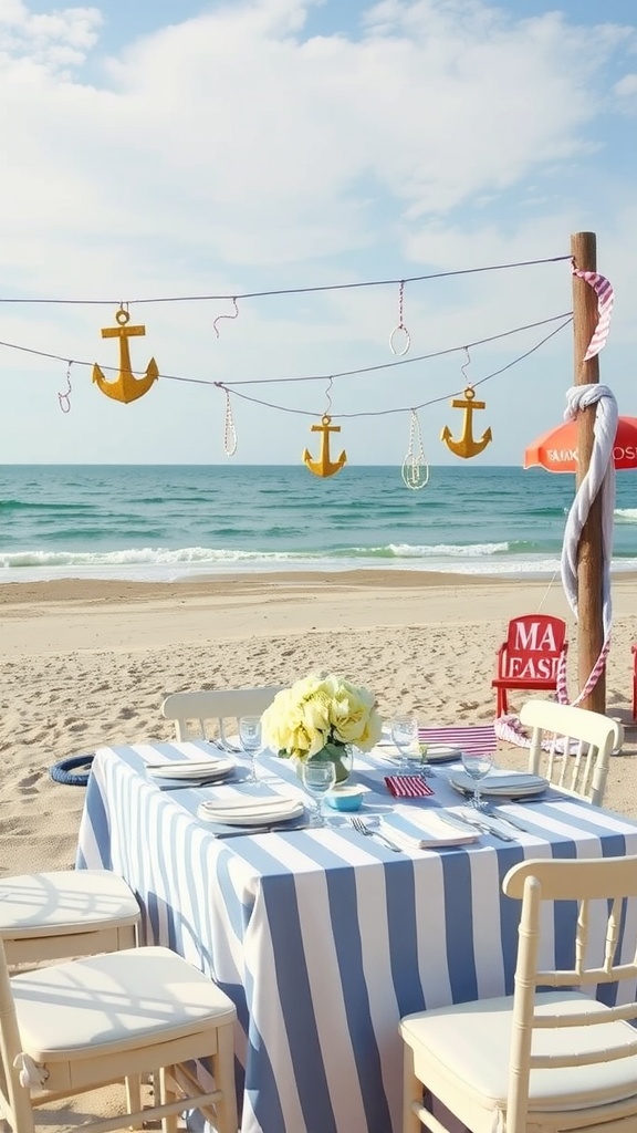 A beach table setting with nautical decorations, including yellow anchors, blue-striped tablecloth, and flowers.