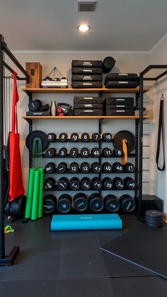 A neatly organized home gym showcasing weights, mats, and various workout gear.