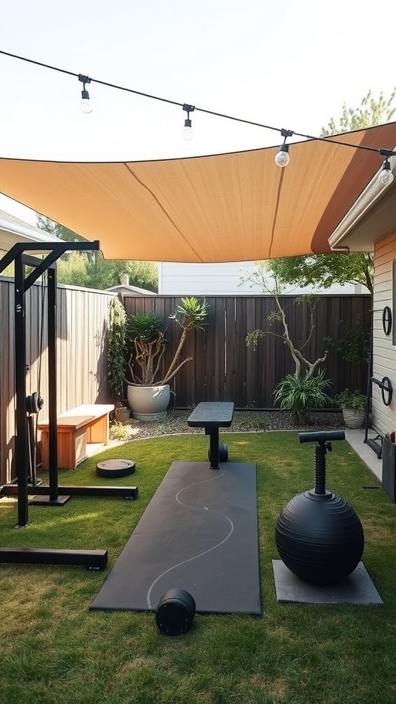 Outdoor home gym with weights, a bench, and a shaded area.