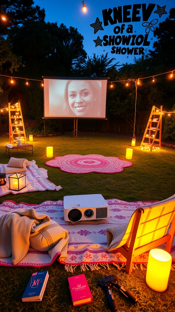 Outdoor movie setup with blankets, pillows, and projector under string lights