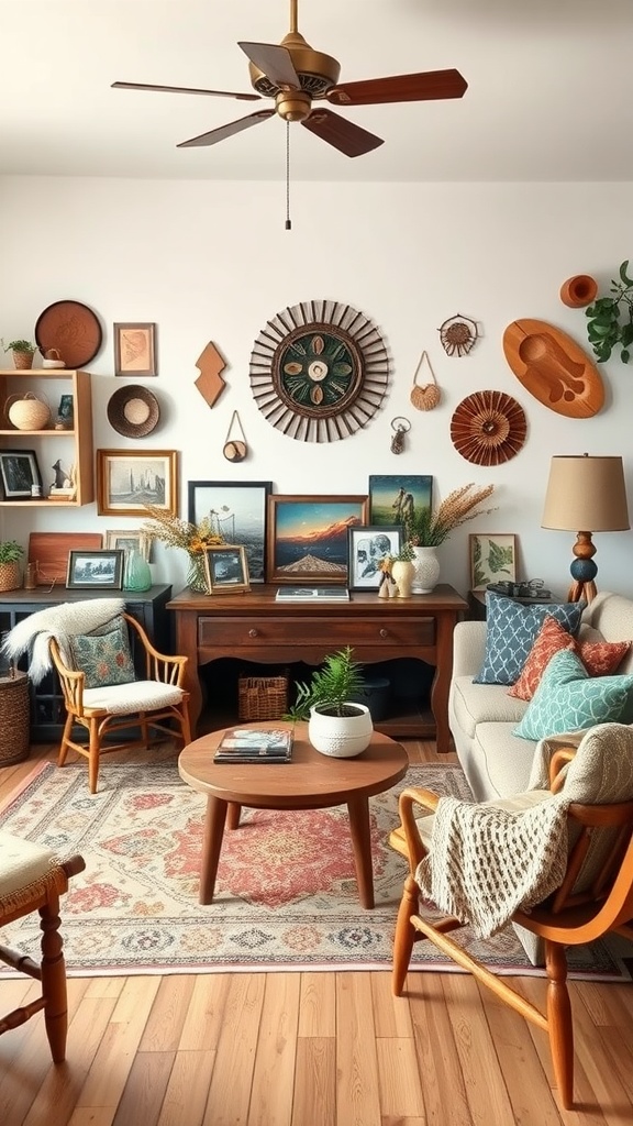 A cozy vintage boho living room featuring a mix of framed art, vintage furniture, and colorful decor.