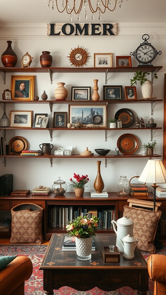 A vintage boho living room with personalized gallery shelves featuring various decorative items and photographs.