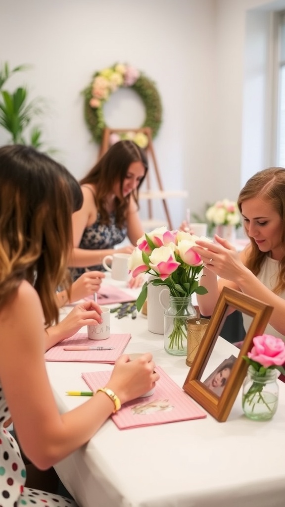 A table set for a bridal shower with decorated mugs, flowers, and framed photos.