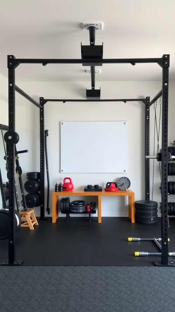 A well-organized home gym showcasing a multifunctional setup with weights and a sturdy rack.