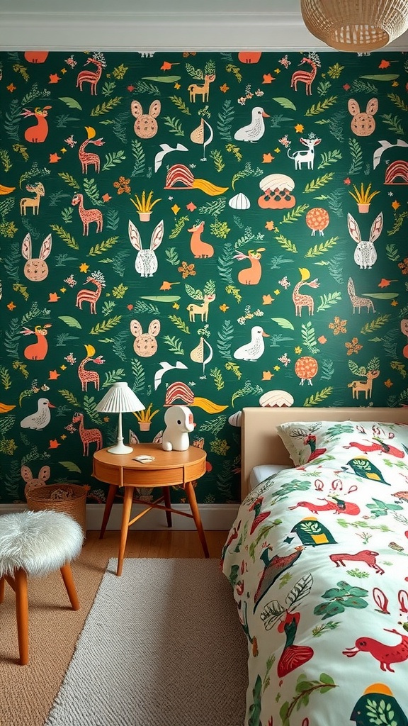 A colorful dark green wallpaper featuring various animals and plants in a cozy bedroom.