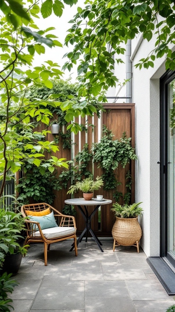 Cozy outdoor corner with a wooden privacy screen, plants, and comfortable seating.