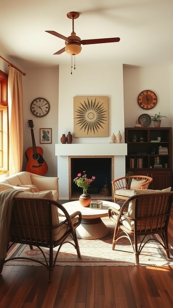 A cozy vintage boho living room featuring rattan furniture, a coffee table, and plants.