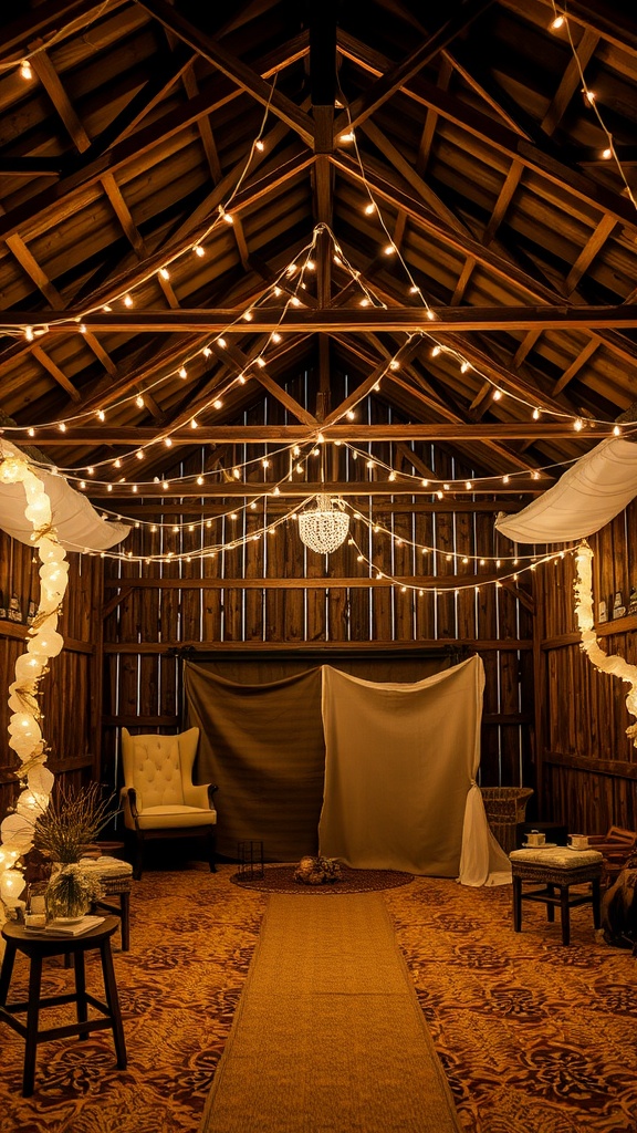 Interior of a rustic barn with warm lighting and cozy seating arrangements.