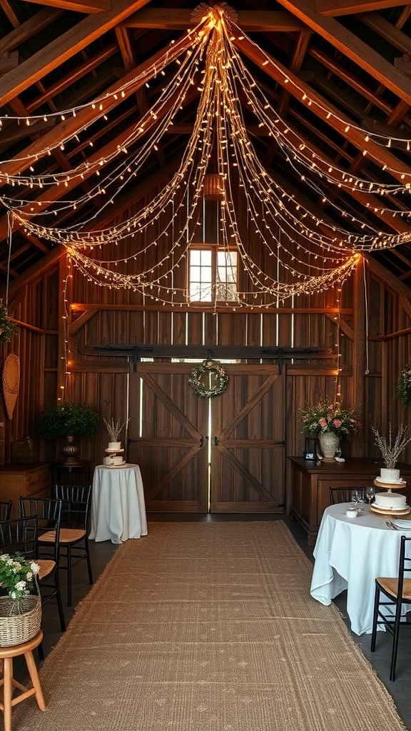 Interior of a rustic barn with string lights and simple tables set for a bridal shower.