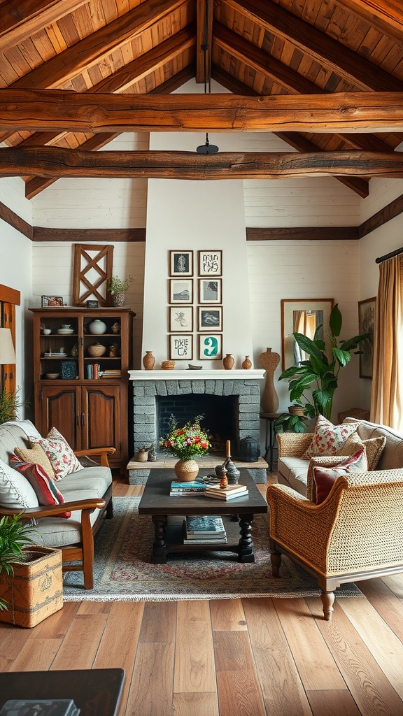 A cozy living room featuring rustic wooden accents, including exposed beams and wooden furniture.