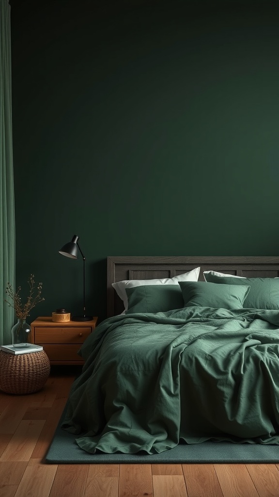 A dark green bedroom with a cozy bed, wooden furniture, and soft textures.