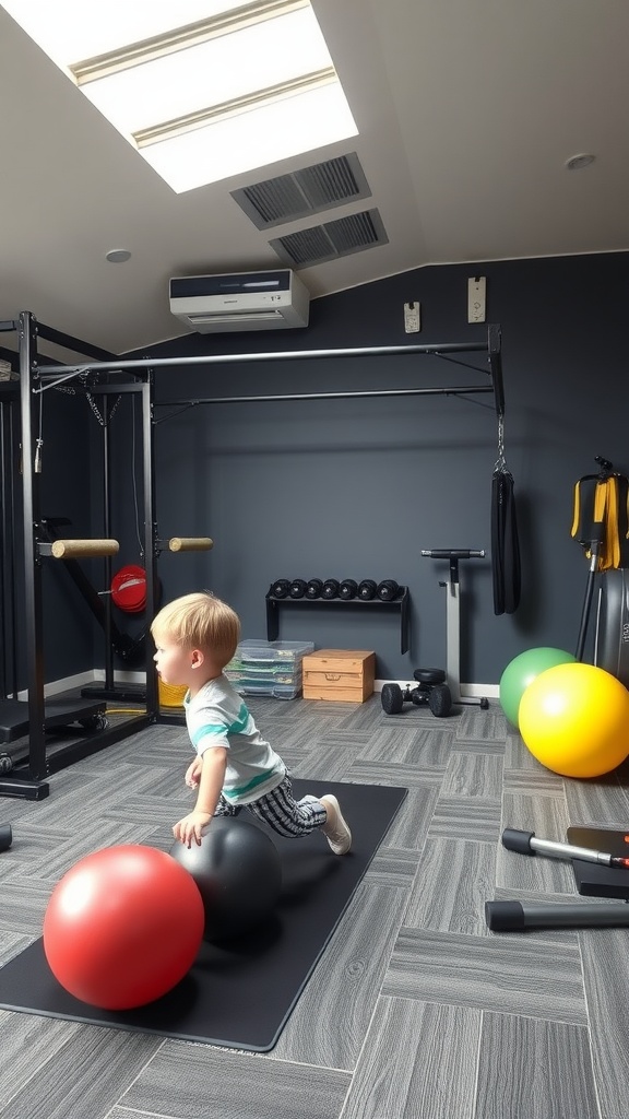 A family-friendly home gym featuring a child playing with exercise balls, emphasizing an open and playful environment.