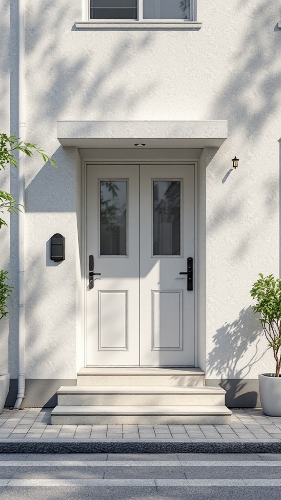 Exterior view of a small apartment with a secure front door and surrounding plants