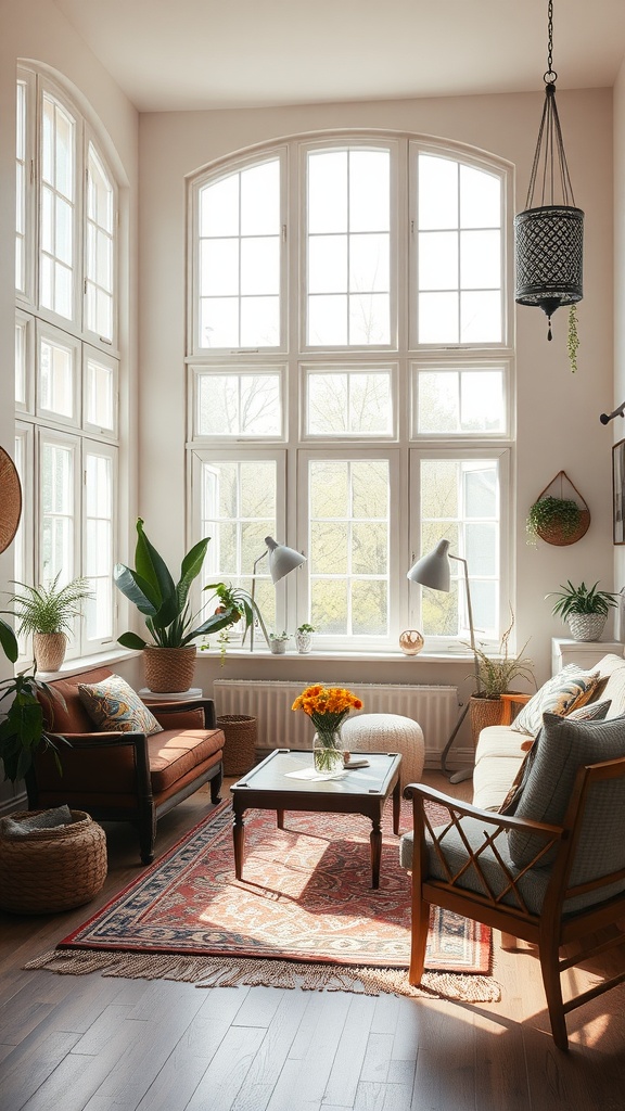 Bright vintage boho living room with large windows and plants