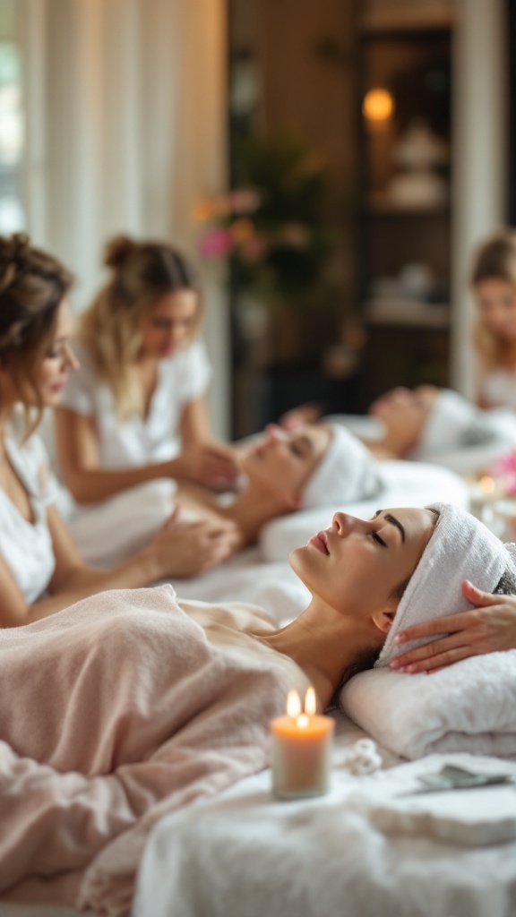 A relaxing spa day with four women enjoying treatments and chatting in a serene environment.