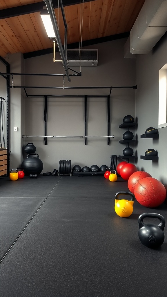 Home gym layout with functional training equipment