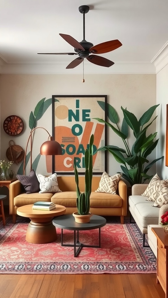 A cozy vintage boho living room featuring a statement wall with colorful artwork, plants, and stylish furniture.