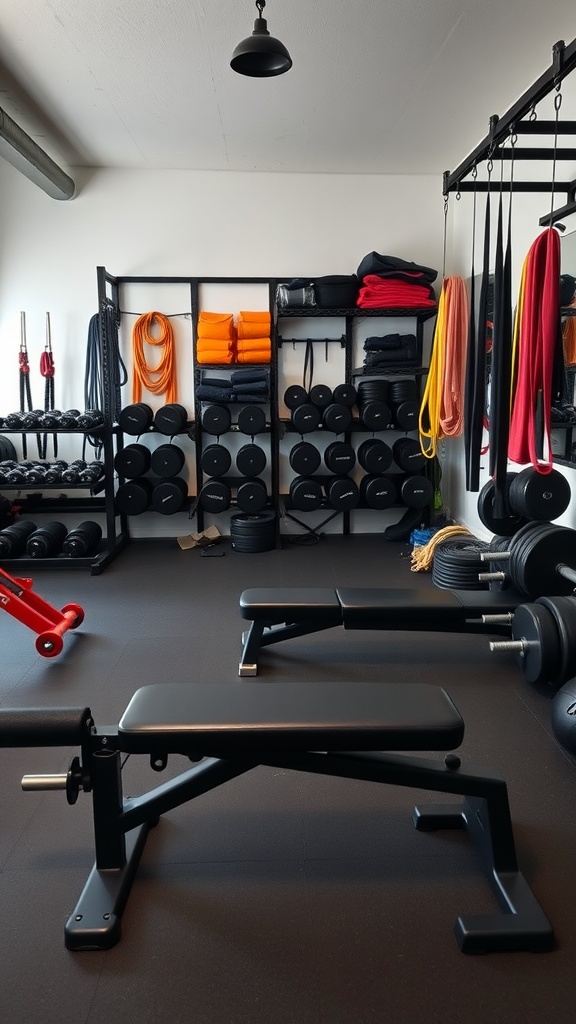 Home gym with weights, bench, and organized equipment