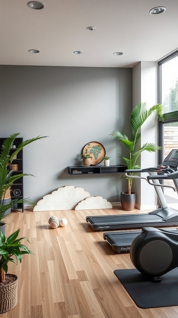 A modern home gym with plants, equipment, and natural light.