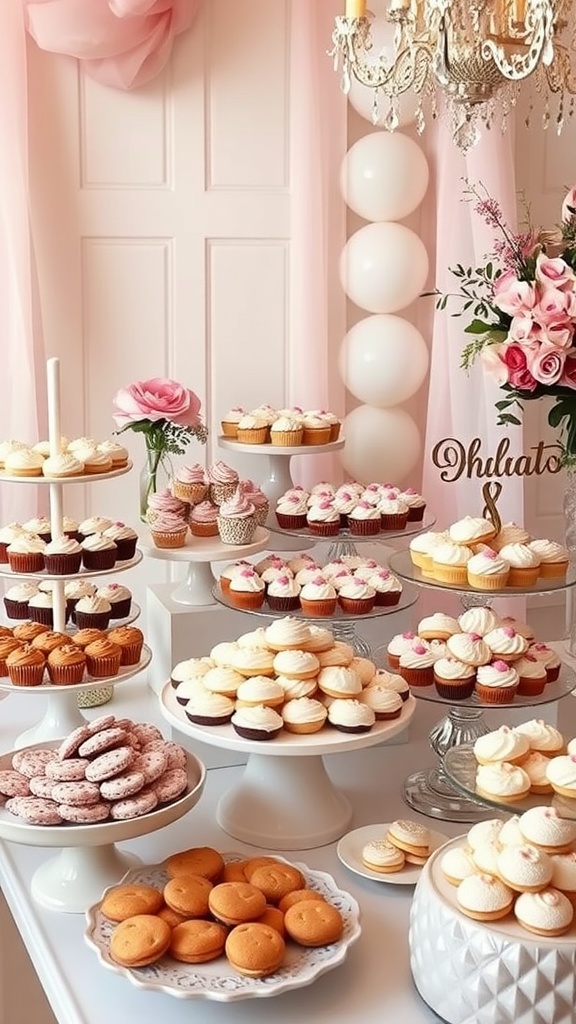 A beautifully arranged dessert table featuring various cupcakes, cookies, and treats for a bridal shower.