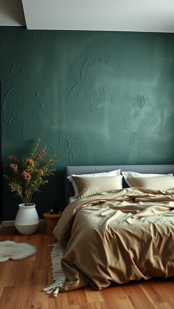 A dark green textured wall in a cozy bedroom with a bed and decorative elements.