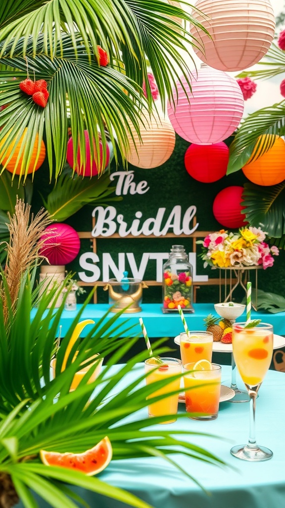 A colorful tropical-themed bridal shower setup featuring drinks, vibrant lanterns, and decorative elements.