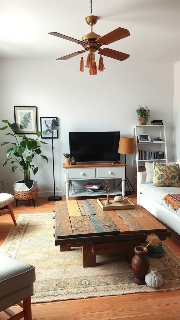 A vintage boho living room featuring a unique reclaimed wood coffee table with colorful decor.