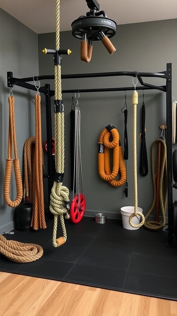 A home gym with unique workout equipment including ropes and suspension trainers.