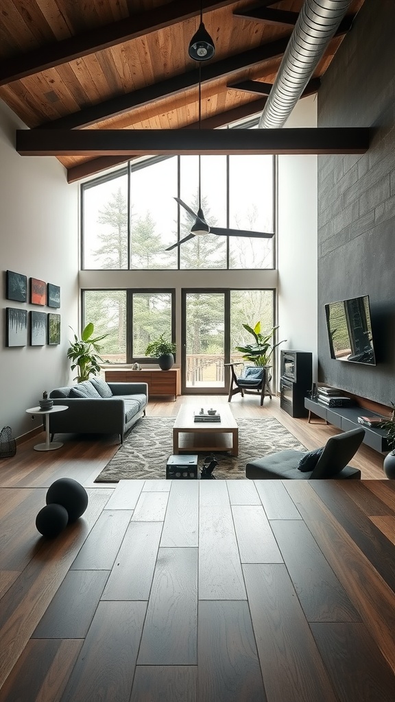 A spacious living area with large windows, modern furniture, and a clean layout suitable for a home gym.