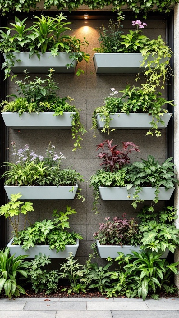 Vertical garden design with multiple wall-mounted planters filled with various plants.