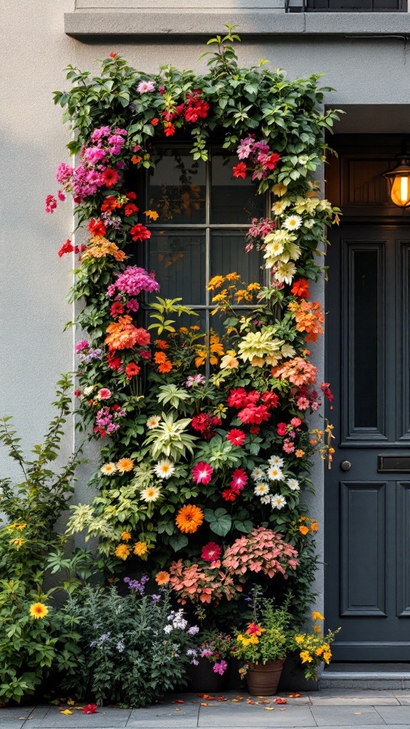 A colorful vertical garden with various flowers surrounding a window.