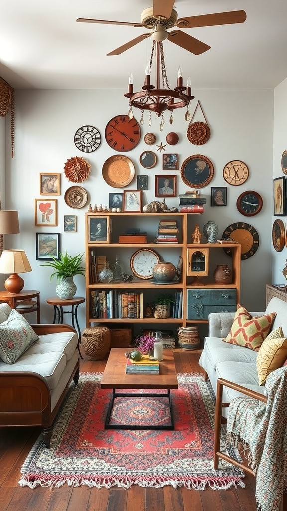 A cozy vintage boho living room featuring a mix of decorative items, a wooden shelf with books, and a vibrant rug.