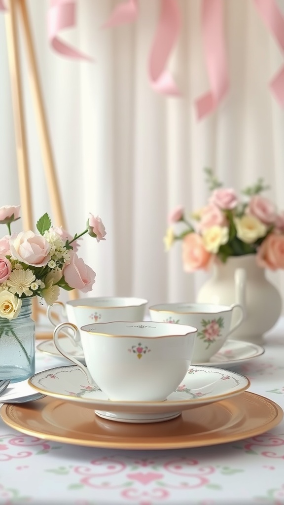 A beautifully set table with vintage tea cups, floral arrangements, and delicate plates for a bridal shower theme.