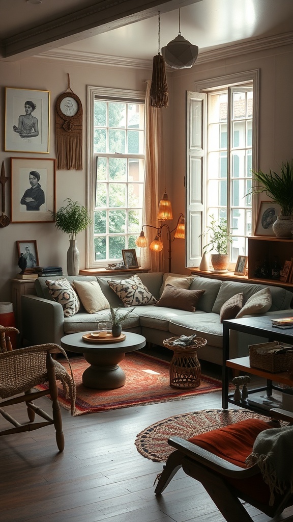 A cozy vintage boho living room featuring soft furnishings, warm lighting, and natural decor.