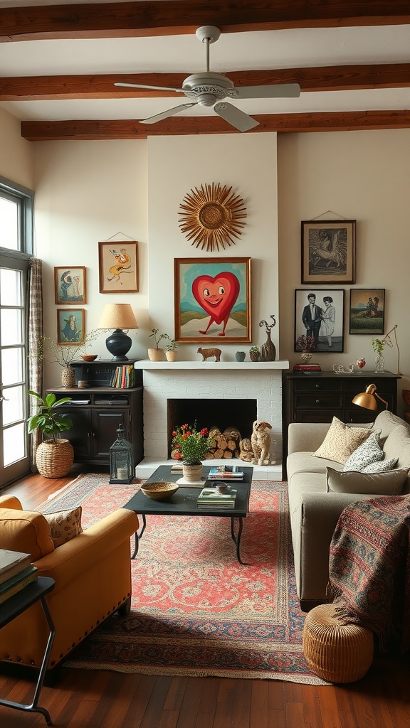 A cozy vintage boho living room with warm colors, eclectic art, and a relaxed atmosphere.