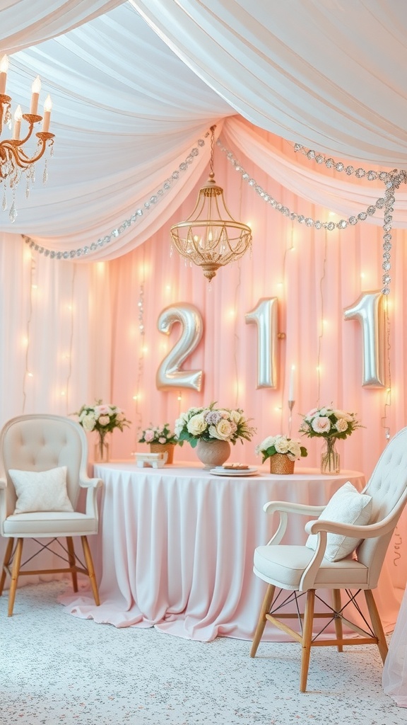 A beautifully decorated bridal shower space with pink drapes, floral arrangements, and elegant seating.