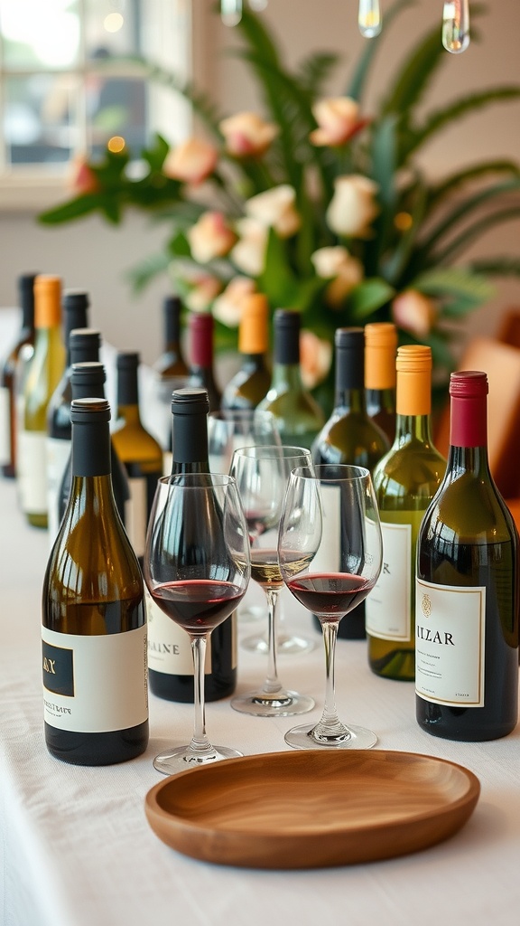 A beautifully arranged wine tasting setup with various bottles of wine and glasses on a table.