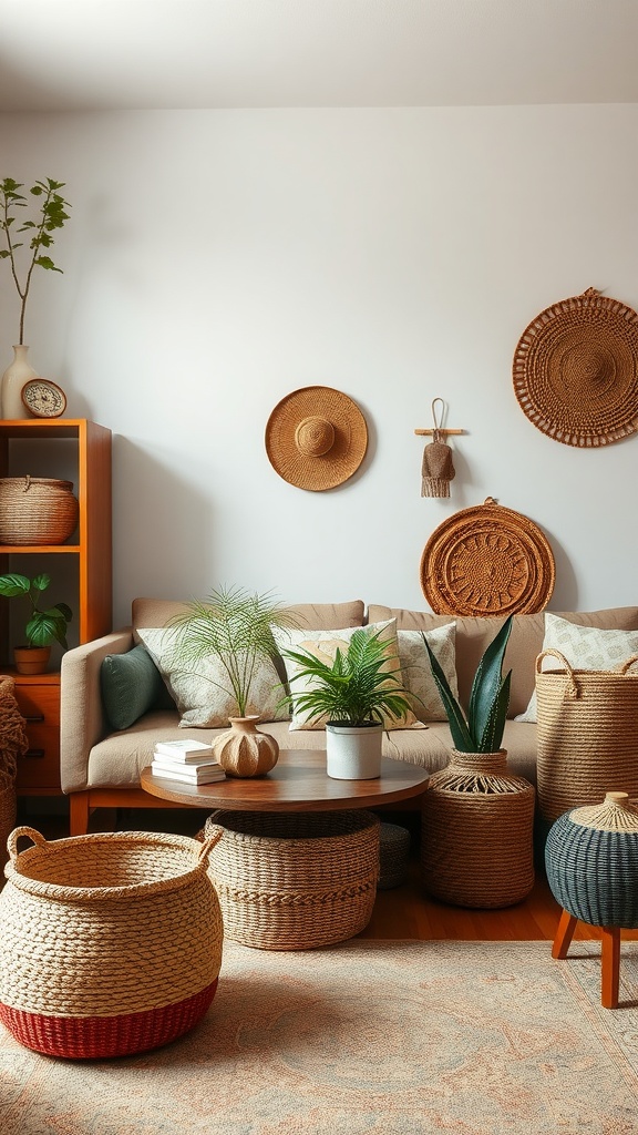 A cozy vintage boho living room featuring various woven baskets for storage.