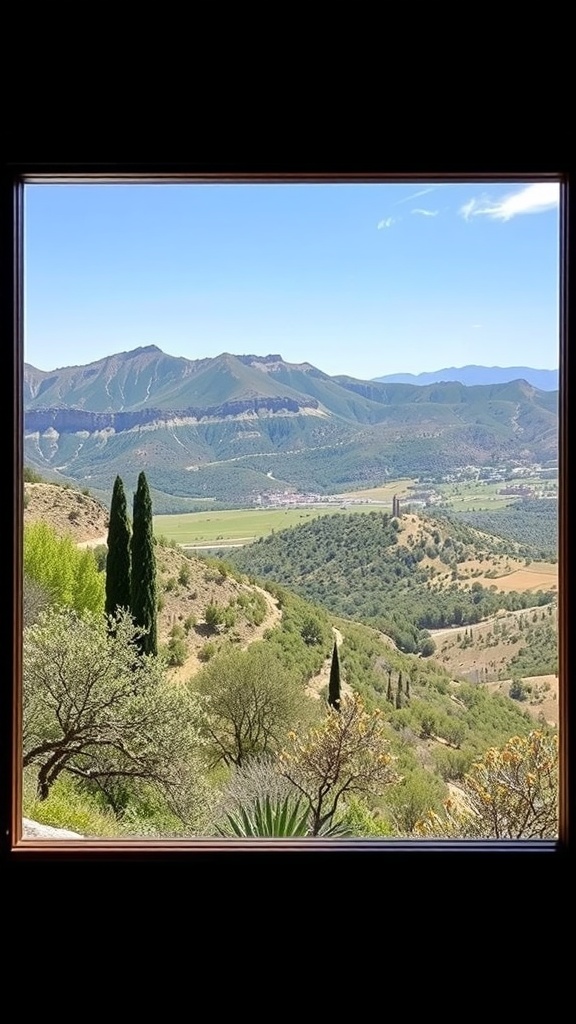 Scenic view of mountains and greenery framed in a window